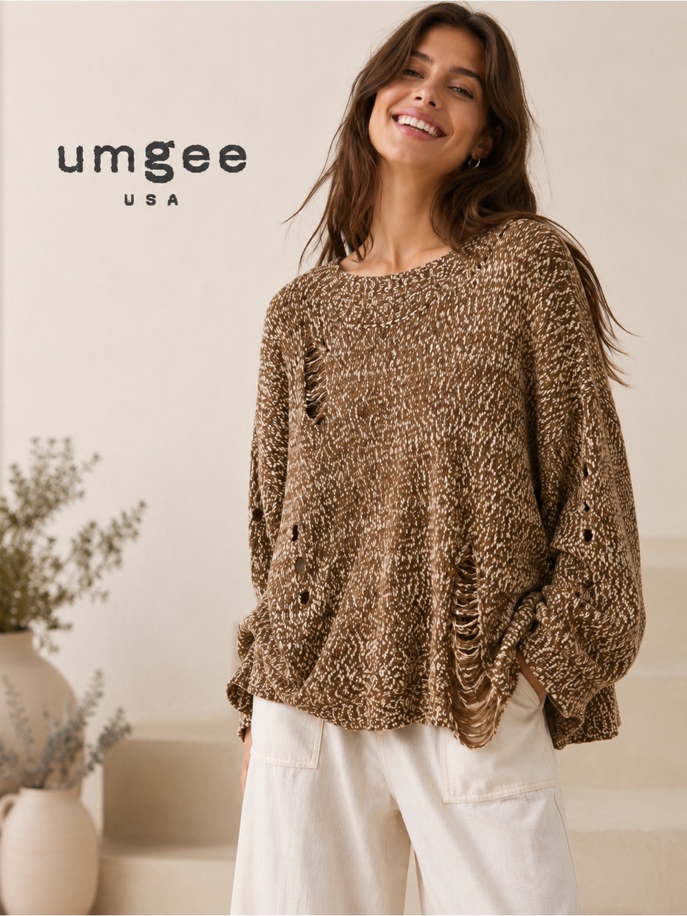 Umgee Distressed Sweater M Brown Cream Oversized Cropped Boho Grunge Indie